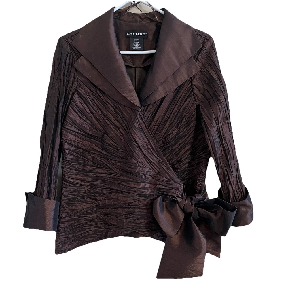 90s Y2K Cachet Brown Taffeta Blouse Sz 12 Faux Wrap Side Bow Tie Formal Evening